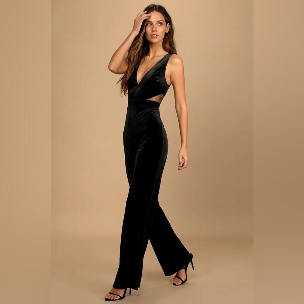 Lulus Luxurious Ease Black Velvet Straight Leg Jumpsuit - Picture 1 of 7